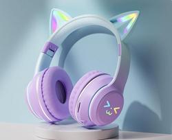 Xiaomi LED žibintuvėlis Bluetooth ausinės Mielos katės ausytės Belaidės ausinės su mikrofonu Vaikams Mergaitėms Stereo Šaunios RGB ausinės Bluetooth 5.1 violetinė