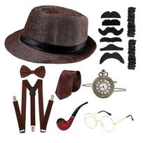Male Gangster Costume Accessories Roleplay Costume SuspenderBraces Top Hat Bowtie Eyewear Outfit for 1920s Theme Party kava