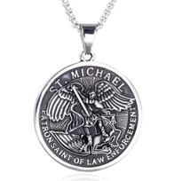 Archangel Saint Michael Round Medal Pendant Mythical Charm Men's Amulet Necklace gray