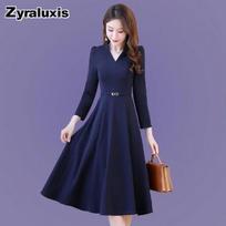 Teen Girl Long Sleeve Dress Autumn Knee Length V-Neck A-Line Midi Skirt Slimming Dress 4XL žalsvai mėlyna