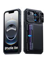 RFID blokavimo piniginės dėklas su kortelių laikikliu, slankiojančiu kameros dangteliu, PC+TPU apsauginis dėklas IPhone 16e/iPhone 17e - Juodas juoda