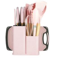 Silikoninių virtuvės reikmenų rinkinys, peilių rinkinys, neslystanti ir apsauganti nuo nudegimo nelipni keptuvė su pjaustymo lentos laikymo kibiru rinkinys Pink kitchenware 19-piece set 1500g beige