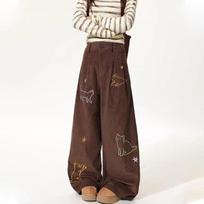 Autumn Cartoon Cat Embroidered Corduroy Y2K Curved Pants for Hip Hop Funny Printed Trousers Fashion Straight Sweatpants S black