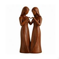 Resin Figurine with WoodGrain Finish HeartShaped Tabletop Ornament Carved Sculpture for Couples,