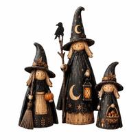 3 vnt. medinis Helovino dekoracijų rinkinys Šiaudinis žmogus Skulptūra Stalo dekoracija Helovinas 3pcs Witch blue