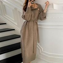 Autumn and Winter French Temperament with Coat, Sweater, Long Over-the-knee Bottoming Knitted Dress XS chaki