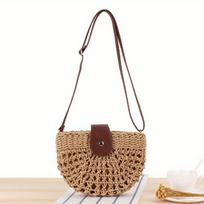 Laisvalaikio vieno peties rankų darbo krepšys Tuščiaviduris Pusmėnulio Crossbody Šiaudinis krepšys Moteriškas paplūdimio krepšys brown