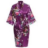 Šilko satino vestuvinė nuotakos, pamergės chalatas, gėlėtas chalatas, trumpas kimono chalatas, naktinis chalatas, vonios chalatas, madingas chalatas moterims S violetinė