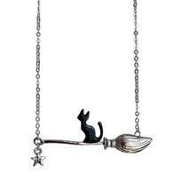 Trendy Cats On Broomstick Pendant Necklace Adjustable Length Neckchain Stylish Choker Accessory for Fashionable Women gray