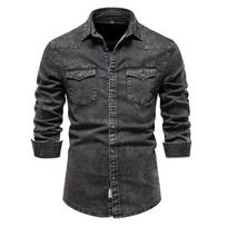 Medvilniniai vyriški džinsiniai marškiniai su dviem kišenėmis, vienspalviai, laisvalaikio, vyriški kaubojiški marškiniai, rudeniui, slim fit, ploni marškiniai vyrams, nauji USA XXL 90-100 kg juoda