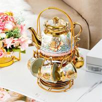 Ceramic Tea Set Teapot Elegant Birthday Gift with Metal Rack Floral Pattern Coffee Mug white