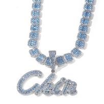 THE BLING KING Custom Brush Script Letter Two Tone Pendant Micro Paved Purple CZ NamePlate Baguettecz Chain Hiphop Necklace 18inch rope chain&Blue gray