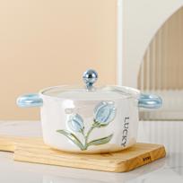 High Quality Microwave Bulk  Double Handle Kitchen Ceramic Round 750ml Instant Noodles Soup Bowl with Lid 6 Inch mėlyna