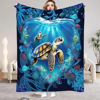 1 vnt. Mėlynas pledas Jūros vėžlys 3D spausdintas Patogus flanelės pledas Namų svetainei Miegamojo dekoravimui Gimtadienio dovana 100X130CM blue