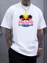 Fashion Unisexs White Basic Tee Vibrant Sunset Palm Silhouette Miami Water Mirror Text Florida Coastal Holiday Casual Short Shirts 4XL gray