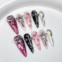 10Pcs Y2K Almond Press On Nails With Glue Handmade Metal Diamond Sweet Cool Full Cover Wearable Manicure Tips gray