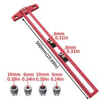 Woodworking 2 in 1 Drilling Positioning Scoring Ruler Aluminum Scriber Marking T Square Dowelling Jig with 6/8/10mm Drill Sleeve red