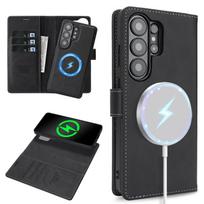 2 viename Nuimamas kortelių dėklas Magnetinė piniginė Odinis dėklas Samsung S26 Ultra S25 Plus S24 S23 Flip verslui Belaidis įkrovimas Galaxy S24 Ultra juoda