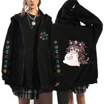 Genshin Impact Hoodie Black Polyester Cotton Blend Zip-Up Graphic Print L black