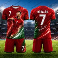 2 dalių komplektai Vaikų sportinis kostiumas Futbolo marškinėliai su Ronaldo 7 spaudiniu + šortai Laisvalaikio kostiumas Sportiniai drabužiai vaikams/suaugusiems 110 red