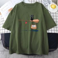 Kiki pristatymo tarnyba Katė ant stebuklingo šluotos Unisex medvilniniai drabužiai Japoniški Harajuku viršutiniai drabužiai Apvalus kaklas Laisvi trumparankoviai Unisex marškinėliai M gray