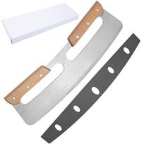 Stainless Steel Pizza Cutter Double Handed Pizza Knife with Safety Knife Sheath Wooden Handle Apple Pie Dispenser Dough Cutter white