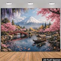 2D Flat Printing Japan Backdrop, Mount Fuji & Flowers Party Background 47.2x31.5inch/120*80cm gray
