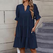 Women's Fashion Casual Slim Middle Sleeve V-Neck Ruffle Dresses XXL black