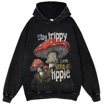 Summer Womens Cotton Washed TShirts Stay Trippy Little Hippie Mushroom Printed Streetwear Loose ONeck Vintage Female Clothes XL black