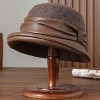 Moterims 100% vilnos veltinio klostuota juosta Fedora Motinos žiemos šilta vilnos pamušalas PU odos kibiro skrybėlaitė Šventės elegancija Cloche skrybėlaitė 57cm Head 55-58cm black