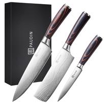 PAUDIN Knife Set Gyuto Nakiri Petty 3-piece Stainless Steel Sharp Double-edged Wooden Handle Meat Fruit Vegetable Kitchen Home Use Gift