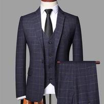 Vyriškas slim fit languotas trijų dalių kostiumas: Laisvalaikio Korėjietiško Stiliaus Jaunikio Apranga M/90-104 lbs tamsiai mėlyna