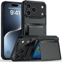 Tvirtas piniginės kortelės lizdas telefono dėklas, skirtas iPhone 17 Air 16 Pro Max 15 14 Plus 13 12 11 Pro, apsauginis dangtelis su paslėptu laikikliu iPhone 16 Plus juoda