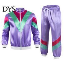 Lengvas 80-ųjų sportinis kostiumas moterims Tracksuit Set Retro Hip Hop Disco Apranga Spalvų blokų striukė Elastingos juosmens kelnės Laisvalaikio kvėpuojantis L violetinė