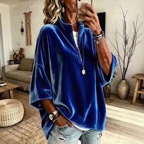 Women's Velvet Half Zip Mock Neck Hoodie Loose Fit Sleeve Casual Outerwear Top S blue