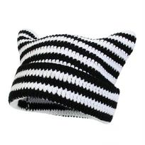 Laisvalaikio miela katės ausų japoniška kepurė Beanie, šildanti, punk, gotikinė, megzta vilnonė kepurė, unisex, Y2K, Harajuku, Skullies kepurė, dryžuota kepurė white