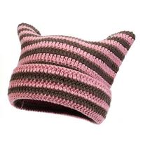 Laisvalaikio miela katės ausų japoniška kepurė Beanie, šildanti, punk, gotikinė, megzta vilnonė kepurė, unisex, Y2K, Harajuku, Skullies kepurė, dryžuota kepurė pink