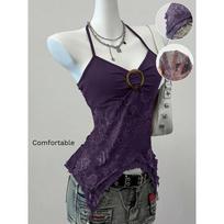 Sexy Spicy Girl Sleeveless Halter Tops Women's Printed Mesh Splice Slim Fit Backless Camisole Summer Fashion Elegant Crop Top XL violetinė
