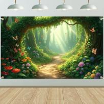 Magical Forest Banner Backdrop Decorations Fairy Tale Forest Party Decor with Butterfly Mushroom Jungle Greenery Garden 59×39inch/150*100cm beige