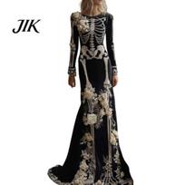 Moteriška ilgomis rankovėmis veliūrinė suknelė su skeletų raštu, ilga suknelė, gotiška su vintažiniais drabužiais, 3D gėlių dekoras, gėlių raštas Helovino kostiumų vakarėlio dizainui XXL juoda