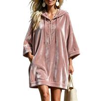 Women's Long Velvet Half Zip Hoodie 3/4 Sleeve with Pockets for Fall S rožinė
