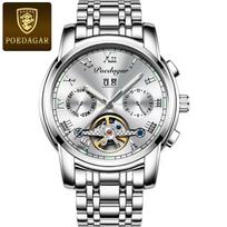 Vyriški laikrodžiai Automatinis mechaninis verslo riešo laikrodis Vandeniui atsparus nerūdijančio plieno dirželio laikrodis vyrui Skeletas Kalendorius silver white gray
