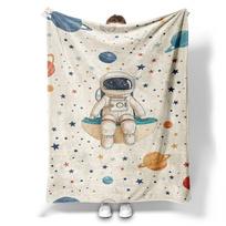 Astronautų kosmoso rašto flanelės pledas Minkštas jaukus vilnos pledas lovai, sofai, vaikų kambariui Visų sezonų smagi dovana 75x90cm beige