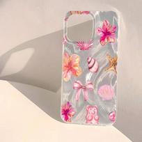 Blizgantis telefono dėklas, skirtas IPhone 17 16 15 14 13 12 11 Pro Max 16E 14 Plus 17 Air C, su vandenženklio hibisko gėlių raštu, kietas dangtelis iphone 14 Pro beige