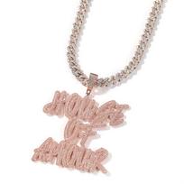 THE BLING KING Custom Letters Double Layer Cursive Pendant Iced Out 9mm Pink Cuban Link Chain Necklace With Name Hiphop Jewelry No chain&White CZ white
