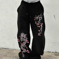 Men'S Casual Athletic Pants, Cherry Dragon Pattern Print, Drawstring Wide-Leg, Loose Fit, All-Season, Men'S Fashion Trousers XXXL juoda