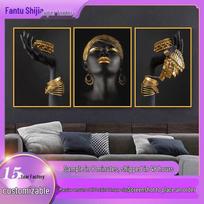 Spicy Modern Beauty: Golden African Woman Triptych Wall Art 30*30cm*3