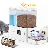 ROJECO 8.5L With Camera Automatic Pet Feeder Water Fountain Button Dog Food Dispenser Water Refill 2 in 1 Drinking Feeding Camera Version white