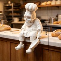 Juokingas skeletas šefas lentynos sėdėtojas 3D spausdinta derva virėjo figūrėlė su šefo kepure ir prijuoste Humoro virtuvės papuošalai Maisto mėgėjų dovanos (as the picture,7.7x7.3x8.5) white