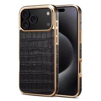 Originalus karvės odos telefono dėklas, skirtas IPhone 17 16 Pro Max Air 17Pro, dengtas galvanizuotu krokodilo raštu, su dangteliu belaidžiam įkrovimui iPhone17 Pro juoda